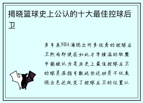 揭晓篮球史上公认的十大最佳控球后卫 